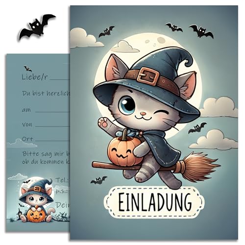 10 Halloween Karten Einladungskarten Zauberhafte Hexenkatze Einladung Karte Katze für Jungen Mädchen Kinder Party Motiv Halloweenparty Grusel Party süße Katzen Hexe Set von E&G Klasse