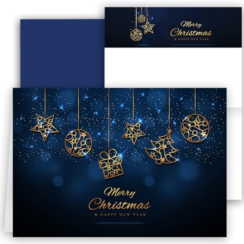 10 Weihnachtskarten Klappkarten mit Umschlägen Karte Karten Weihnachtskugel Kugel edel stilvoll glanz MADE IN GERMANY Frohe Weihnachten Merry Christmas xmas Kugel Gold Blau Geschenk Weihnachtsgrüße von E&G Klasse