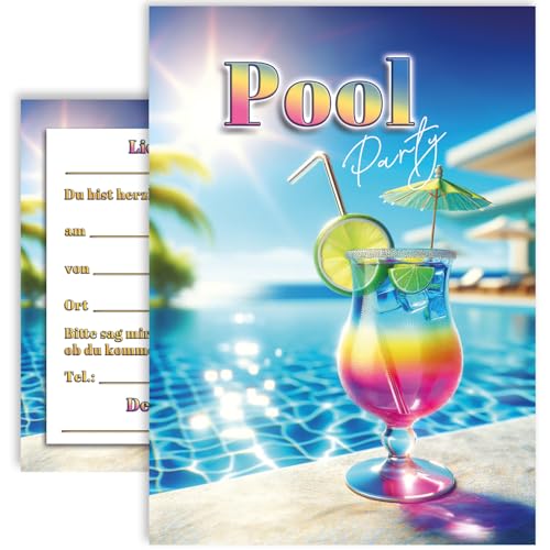 10x Einladungskarten Einladung Poolparty Pool Party Cocktail Erwachsene Kindergeburtstag Kinderparty Schwimmbad Hallenbad 10x15 cm Party Jungen Mädchen Teenager Geburtstag Geburtstagsparty Poolparty von E&G Klasse