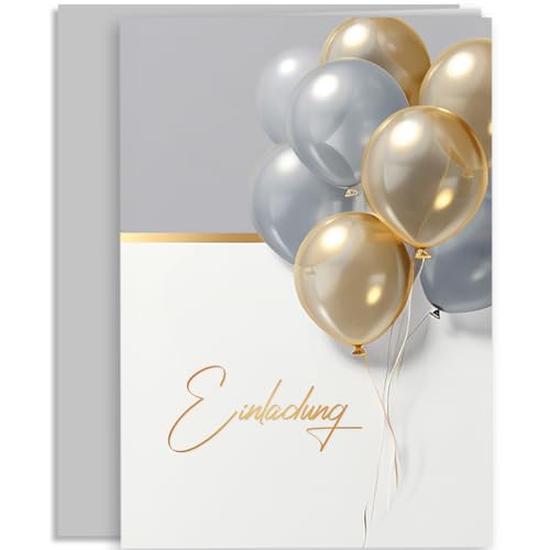 10x Einladungskarten Weiß Grau Gold Luftballons mit Umschlägen Klappkarten Einladung Männer Erwachsene Party Geburtstag Umschläge elegant Hochzeit Jubiläum 20 30 40 50 60 70 80 90 Luftballon von E&G Klasse