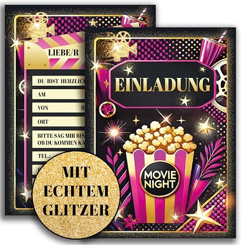 10x Glitzer Einladungskarten Kinokarten Kinobesuch Kino Karte Mädchen Frauen Glitzer Filmabend Geburtstag Einladungskarte Feier 10x15cm Kinder und Erwachsene Movie Night Kindergeburtstag Pink Gold von E&G Klasse