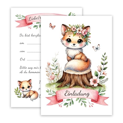 10x Kinder Einladungskarten Einladung Kindergeburtstag Fuchs Party Waldtiere Aquarell Mädchen Jungen Geburtstagsfeier zart Rosa Geburtstag Einschulung von E&G Klasse