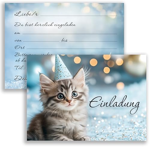 10x Kinder Einladungskarten Einladung Kindergeburtstag Katzen Party Katze Mädchen Jungen Geburtstagsfeier Blau Rosa Silber Geburtstag Einschulung von E&G Klasse