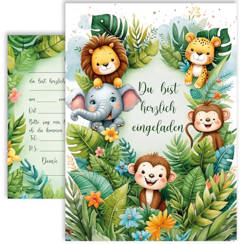 10x Kinder Einladungskarten Kindergeburtstag Dschungel Löwe Affe Elefant & Tiger Mädchen Jungen 10x15 cm Party Geburtstag Taufe Einladung Prinz Dschungelparty Tiere Grün Beige von E&G Klasse