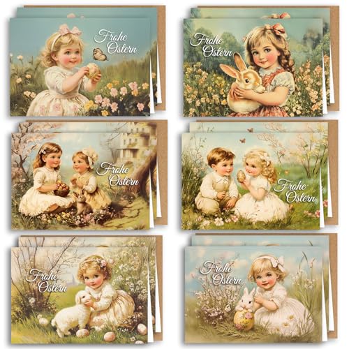 12 Osterkarten Set mit Umschlag Ostergrüße 12er-Set aufklappbare Frohe Ostern Grußkarten im A6 Format Klappkarten mit Vintage mit Kraftpapier Optik Umschlägen Frohe Ostern Kartenset von E&G Klasse