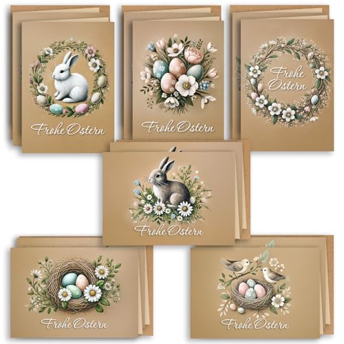 12 Osterkarten Set mit Umschlag Ostergrüße 12er-Set aufklappbare Frohe Ostern Grußkarten im A6 Format Klappkarten mit süßen Hasen mit Blumen in Kraftpapier Optik Frohe Ostern Kartenset Umschlag von E&G Klasse