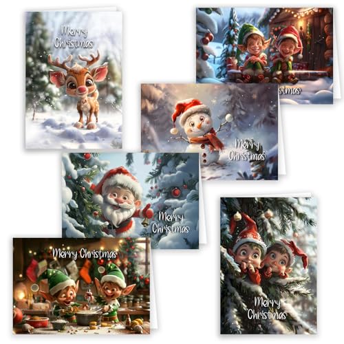 12 Weihnachtskarten Set Klappkarten Karten mit Umschlägen Weihnachtschaos mit Charme Karte Umschlag glanz Frohe Weihnachten Merry Christmas xmas süße Weihnachtskarte Weihnachtselfen Rentier von E&G Klasse