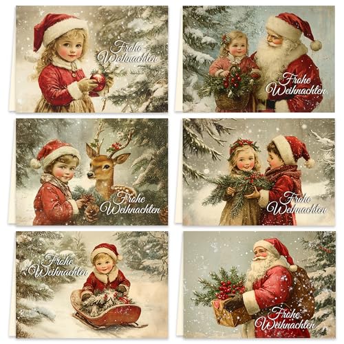 12 Weihnachtskarten Vintage Klappkarten Karten mit Umschlägen Magie der Weihnacht Karte Umschlag Frohe Weihnachten Merry Christmas xmas Weihnachtskarte Weihnachtsmann Kinder Schnee Wald von E&G Klasse