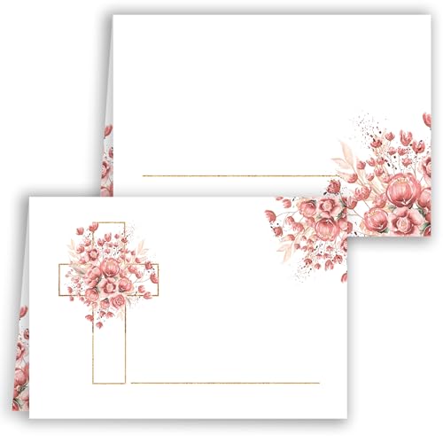 Tischkarten Namenskarten 25 Stück zum beschriften Blanko Tischkärtchen Kommunion Konfirmation Firmung Taufe Hochzeit Geburtstag Feier Jubiläum vintage Weiß Rosa Rosen Kreuz Blumen mit Gold von E&G Klasse