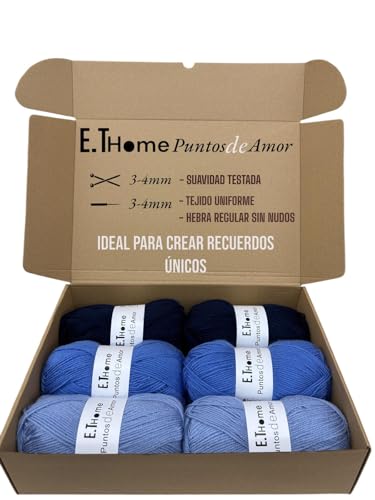 E.THOME Premium-Woll-Set für Elitisten, 6 x 100 g, Wolle zum Häkeln, Doppelnadel, Wolle zum Stricken von Socken, Decken, Pullover, Mützen, Amigurimis, regulärer Strang ohne Knoten, Wolle, Blau (Mix von E.THOME