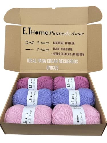 E.THOME Premium-Woll-Set für Elitisten, 6 x 100 g, Wolle zum Häkeln, Doppelnadel, Wolle zum Stricken von Socken, Decken, Pullover, Mützen, Amigurimis, regulärer Strang ohne Knoten. Wolle (Mx Rosa) von E.THOME