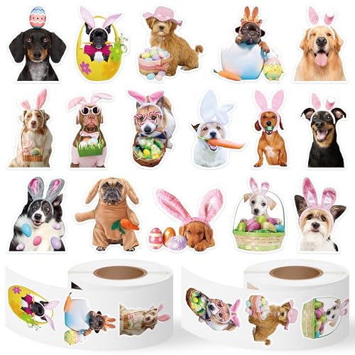 E1mity 2 Rollen Osteraufkleber Niedliche Hunde, 1000 Stück Realistische Hund Aufkleber, 16 Stile Hasen Eier Belohnungs Sticker Wasserdichtes für Kinder Party Dekor Bag Filler Favours Geschenk von E1mity