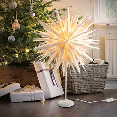 EANLOLY Stehender Weihnachtsstern Beleuchtet - LED Papierstern Weihnachten Tischlampe für Weihnachtsdeko Innen Fenster， Leuchtsterne Deko, Weihnachtsbeleuchtung Lichterkette, Weiß von EANLOLY