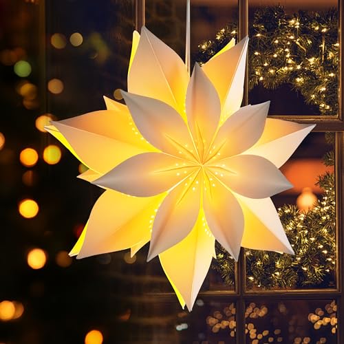 EANLOLY Weihnachtsstern Beleuchtet LED Stern, Weihnachtsdeko Innen Fenster, Papiersterne Zum Aufhängen mit Beleuchtung, Weihnachten Leuchtstern Lichterkette, 60 cm Weiß von EANLOLY