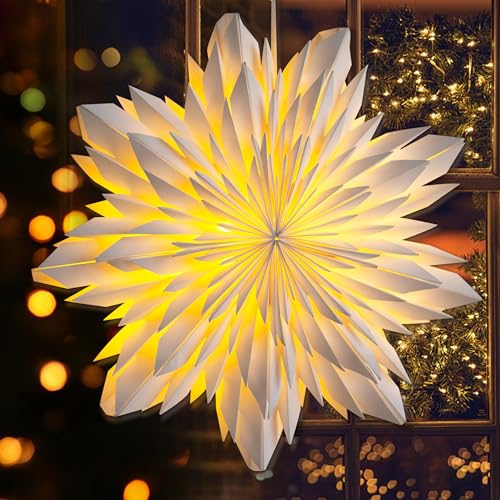 EANLOLY Weihnachtsstern Beleuchtet LED Stern, Weihnachtsdeko Innen Fenster, Papiersterne Zum Aufhängen mit Beleuchtung, Weihnachten Leuchtstern Lichterkette, Weiß-45 cm von EANLOLY