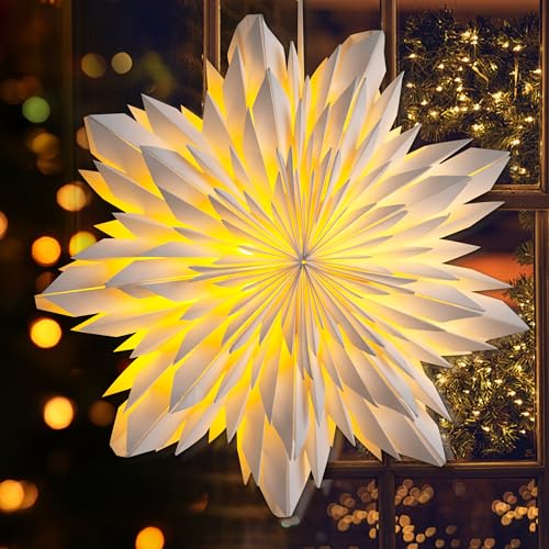 EANLOLY Weihnachtsstern Beleuchtet LED Stern Fenster, Weihnachtsdeko Innen, Papiersterne Zum Aufhängen mit Beleuchtung, Weihnachten Leuchtstern Lichterkette, 60 cm Ø Weiß von EANLOLY