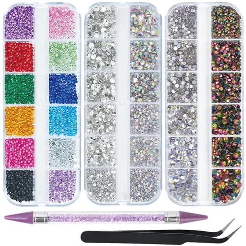 EARLMONI 6000 Stück Strasssteine in 4 Größen, flache Rückseite, Kristall-AB-Nagelkunst-Edelsteine mit Pinzette, Strass-Picker, Punktierstift, Acryl-Diamant-Nagel-Edelsteine für Nagelkunst, Handwerk, von EARLMONI