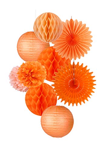 9er Set Papier Laternen Orange Pom Poms Paper Rosetten Apricot Geburtstag Party Deko (Orange) von EASY JOY