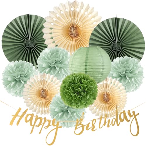 EASY JOY Salbeigrün Happy Birthday Party Deko Pompons Salbeigrün Geburtstagsdeko Wabenbälle Happy Birthday Girlande Frauen Girlande Wimpelkette Geburtstag Wabenbälle Pompons von EASY JOY