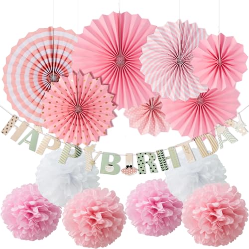 EASY JOY Geburtstagsdeko Mädchen Rosa Happy Birthday Girlande Geburtstag Dekoration Set Wiederverwendbar Tischdeko Party Deko Frauen Happy Birthday Girlande Fächer Pompoms für Kindergeburtstag von EASY JOY