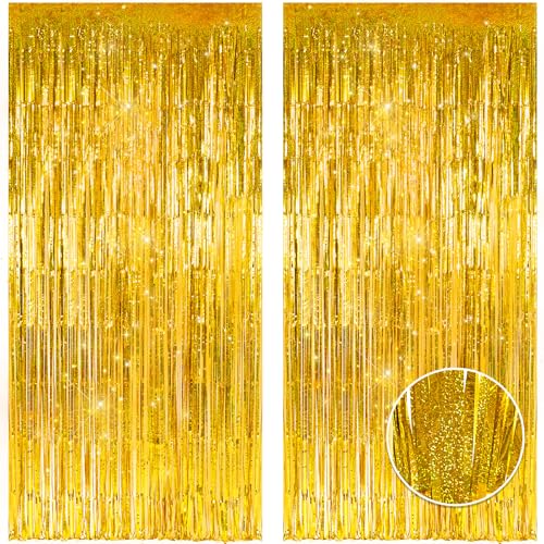 EASY JOY Gold Regenbogen Fasching Party Dekorationen 2er Pack Karneval Deko Gold Regenbogen Fastnacht Folien Fransenvorhänge für Einschulung Schulkind Einhorn Meerjungfrau Wutz Fee Prinzessin von EASY JOY