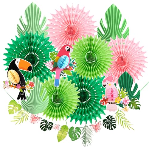 EASY JOY Hawaii Deko Set Dschungel Deko Girlande Geburtstag Papier Tropische Palmblätter Tropical Papagei für Luau Party BBQ Tropischen Garten Party Deko von EASY JOY