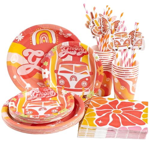 EASY JOY Regenbogen Deko, Pappteller Kindergeburtstag Partyzubehör Pappteller Set, Wiederverwendbar Papier Geschirr Set mit Teller Becher Servietten Stroh Geburtstag Jubiläums für 16 Gäste von EASY JOY