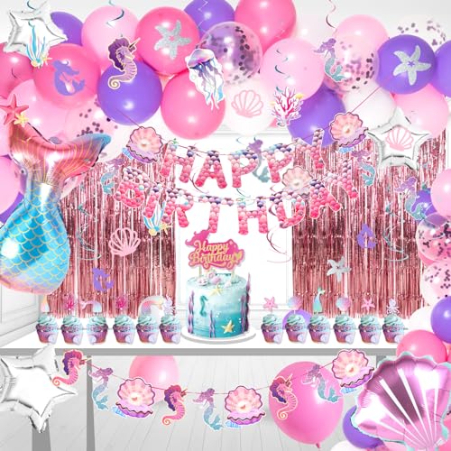 EASY JOY Rosa kleine Meerjungfrau Geburtstag Party Dekorationen Sprials Meerjungfrau Party Kuchen Einsätze Meerjungfrau Muschel Thema Latex Luftballons Luftschlangen Rosa Vorhang Hintergrund von EASY JOY