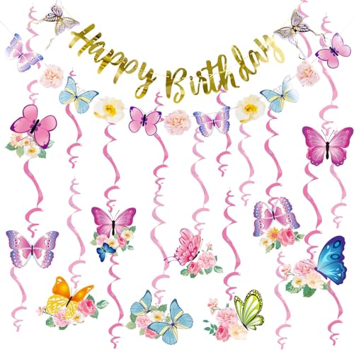 EASY JOY Schmetterling Geburtstag Party Dekorationen Papier Blumen Hanging Butterfly Deko Schmetterling Geburtstag DIY Banner Hanging Swirls Geburtstag Deko für Frauen Mädchen Kinder von EASY JOY