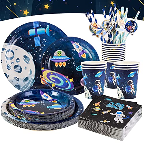 EASY JOY Weltraum deko Partygeschirr, 96 Stück Pappteller Pappbecher Strohhalme Gewebe Geburtstagsdeko Sonnensystem Space Astronauten Planet für Jungen Kindergeburtstag Dekoration von EASY JOY