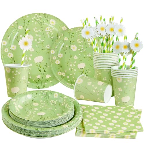 Easy Joy,Gänseblümchen Partygeschirr Set Weiße Gänseblümchen Party Dekorationen Frühlingsdeko Einschließlich Papier Teller Pappbecher Servietten Strohhalme für Hochzeit Geburtstag von EASY JOY