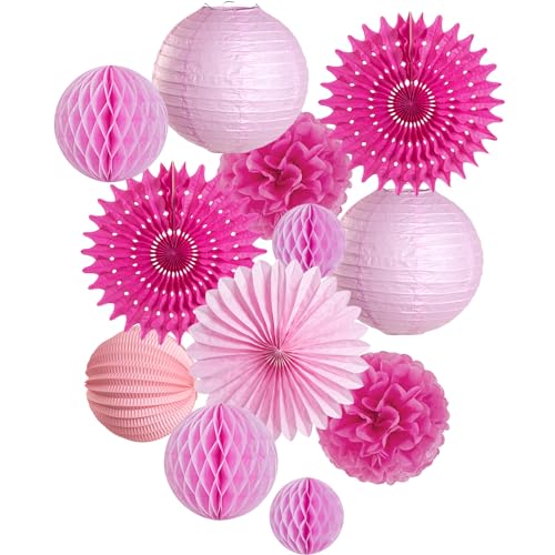 Easy Joy 12 Stück Reines Rosa Dekoration Papier Pompom Rosetten Lampion Seidenpapier Wabenbälle Feier Deko von EASY JOY