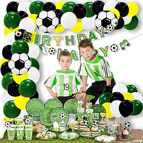 Easy Joy 180 Stück Fußball Thema Partydekorationen Geburtstagsparty Zubehör Set - Luftballon Girlande Kuchendeckel Latexballon Geburtstagsdeko Pappbecher für Kinder Jungen Fußballfans Party von EASY JOY