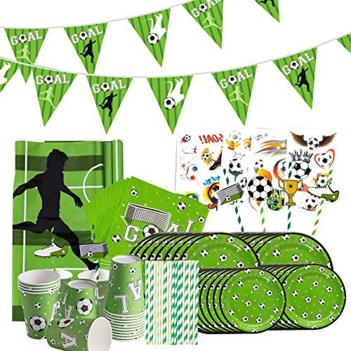 Easy Joy 71er-Set Fußball Geburtstag Deko, Fußball Thema Partygeschirr 32 Pappteller 16 Pappbecher 16 Strohhalme 5 Tattoo-Aufkleber Banner Tischtuch für Weltmeisterschaft Party Geburtstag Junge Kinder von EASY JOY