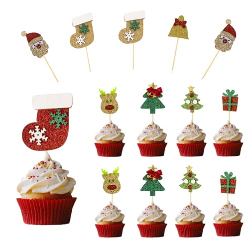 Easy Joy 18 Stück Weihnachten Tortendeko Weihnachten Cupcake Toppers,Glitter Oberflächenschicht,Weihnachten Zahnstocher Fahnen,Rentier Kuchen Dekorationen für Weihnachtsfeier Dekoration von EASY JOY