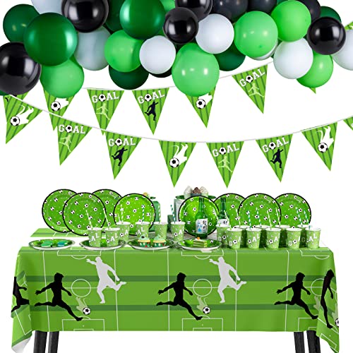 Easy Joy 95 Stück Fußball Party Deko, Fussball Dekor für Kinder Jungen Fußballfans Party, Partydekorationen Zubehör Set - Luftballons, Banners, Tischdecken, Pappbecher, Pappteller, Strohhalme von EASY JOY