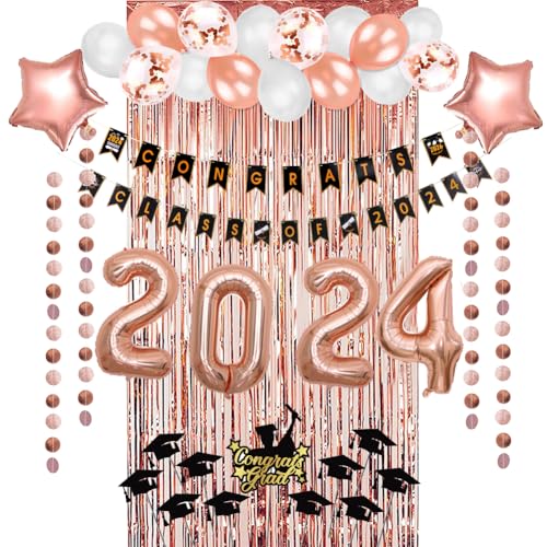 Easy Joy Abschluss Party Deko 2024 Abschlussfeier Dekoration Set Graduation Rosa Luftballons Congrats Banner Türvorhang Girlande Mädchen Rosegold für Schulabschluss Abi Studium Abitur von EASY JOY