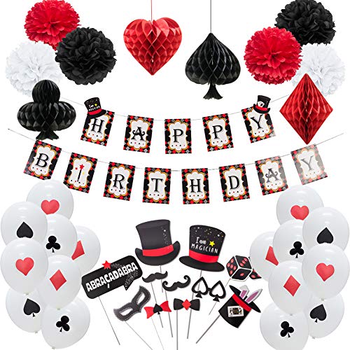 Easy Joy Casino Deko Geburtstag Party Mottopary Happy Birthday Girlande Spielkarten Luftballon Fotorequisiten Pompons Schwarz Rot Spielkarte für Geburtstag Poker Themenparty Dekorationen von EASY JOY