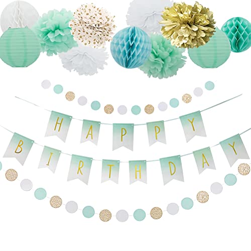 Easy Joy Geburtstagsdeko Mint Grün Geburtstag Deko Set HAPPY BIRDTHDAY Girlande Mädchen Seidenpapier Pompoms Deko Pastell Gold Banner Papier Lampions Minze von EASY JOY