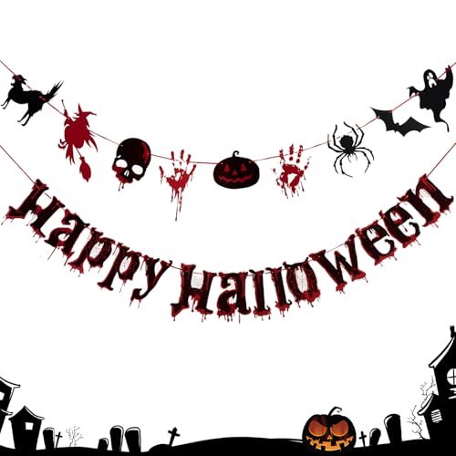 Easy Joy Halloween Banner Deko Halloween Deko Horror Halloween Banner Deko mit Kürbis Bloody Fliegende Hexe Handprint Footprint Fledermaus Moon Design von EASY JOY