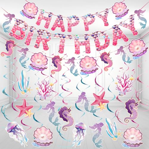 Easy Joy Meerjungfrauen-Party-Dekoration, 33 Stück, unter dem Meer, Party-Dekoration mit rosa lila Happy Birthday-Banner, Ozean-Thema, hängende Wirbel für Meerjungfrauen-Mädchen, Party-Dekorationen von EASY JOY