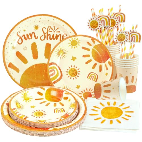 Easy Joy Sunshine Partygeschirr Sonne Pappteller Party Dekor, Boho Sonnenteller Servietten Sonnenschein Geschirr Set von EASY JOY