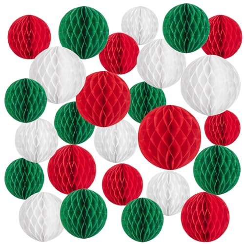 Easy Joy Weihnachten Pompom Dekoration 27 Stück Rot Grün Weiß Papier Pompom Wabenbälle Weihnachten Dekoration Hängende Dekoration Wohnzimmer Tür Weihnachtsbaum Dekoration Set von mehreren Stücken von EASY JOY