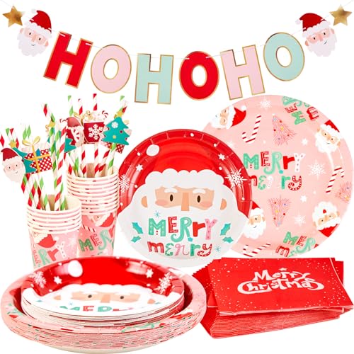 EASY JOY Weihnachten Partygeschirr 85 Stück Set Weihnachts Pappteller Servietten Pappbecher Papierpipette HOHOHO Banner Weihnachten Geschirr Set für Weihnachtsparty Deko(16 Gäste) von EASY JOY