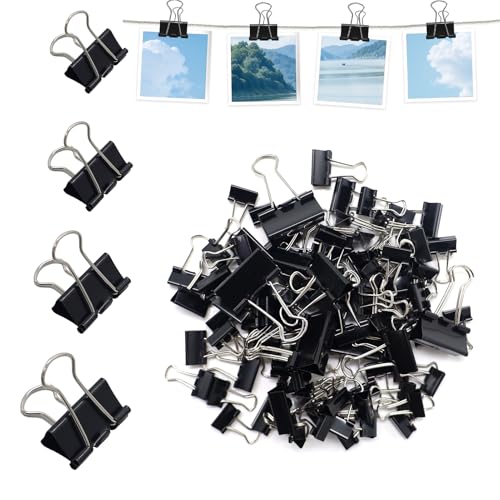 100 Stück Foldback Klammern, 15mm/19mm/25mm/32mm Foldbackklammer Klein Mini Papierklammern Büroklammern Metall Binder Clips Vielzweckklammern für Briefpapier Papier, Bürobedarf, Schwarz von EASYKEENECOM