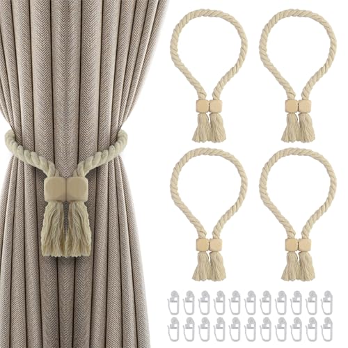 4 Stück Magnetische Vorhang Raffhalter mit 20 Gardinengleiter, Zugband Magnetisch Vorhang Raffhalter, Gardinenraffer aus Holz Boho, Handgemachte Vorhang Baumwollseil Tiebacks für Vorhang Deko (Beige) von EASYKEENECOM