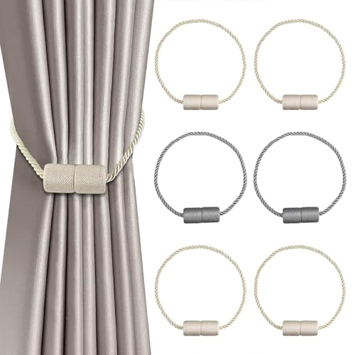 6 Stück Magnetische Vorhang Raffhalter, Zugband Magnetisch Vorhang Raffhalter, Schnallen Holdbacks Halter Haken Clip, Grau Raffhalter für Vorhänge für Dekorativer Vorhang (4 Beige und 2 Grau) von EASYKEENECOM