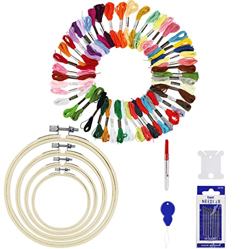 Stickerei Starter Kit, Sticken Set, 50 Farbfäden, 4 Stück Bambus Stickrahmen, Kreuzstich Tools für Erwachsene und Kinder Anfänger Stickerei Starter Kit, Sticken Set, 50 Farbfäden, 4 Stück Bambus Stickrahmen, Kreuzstich Tools für Erwachsene und Kinder Anfänger von EASYKEENECOM