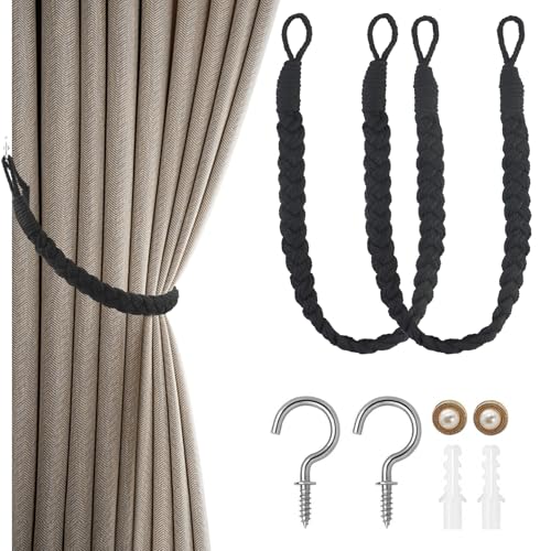 Vorhang Raffhalter, 2 Stück Schwarz Curtain Rope Buckle mit 2 Knöpfe, Handgestrickte Vorhang-Raffhalter, Baumwolle Vorhangbinder, Gardinen Raffhalter, Vorhänge Holdback für Wohnzimmer, Schlafzimmer von EASYKEENECOM