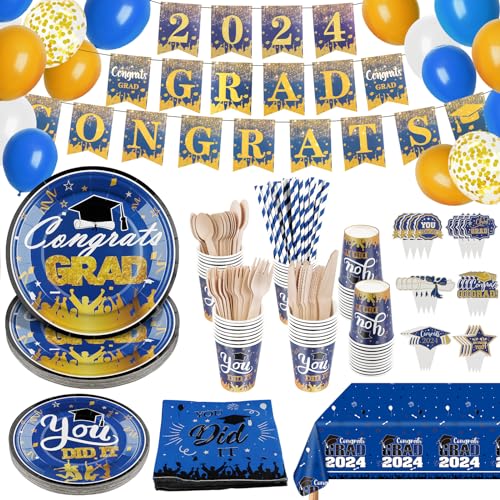 306PCS Graduation Party Decoration 2024, EBANKU Party Supplies Tableware Set (Blaues Gold) von EBANKU